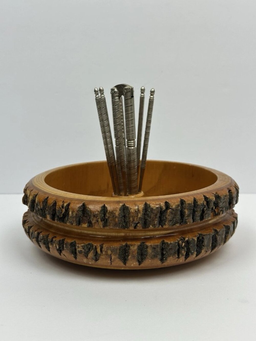 🌰✨ Vintage MCM Wooden Nutcracker Bowl Set 8 Pc Live Edge Wood Nut Picks Rustic